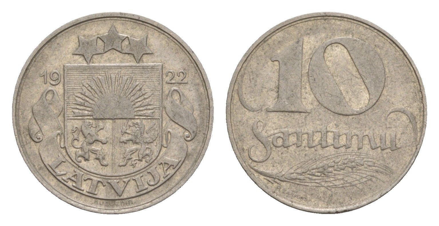 Латвия 10 сантимов 1922 год-тип KM 4 никель 4658-1236