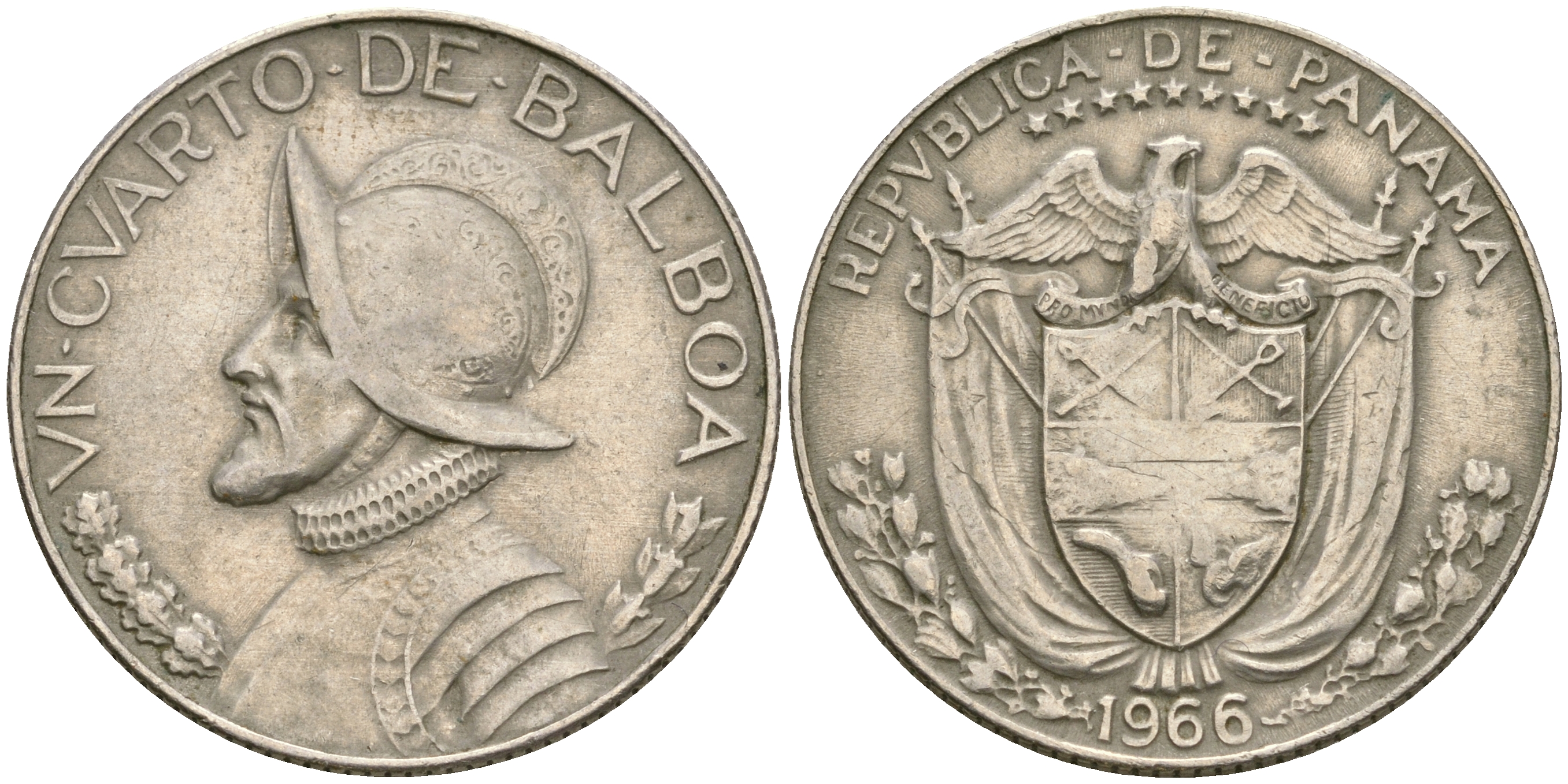 Панама 1/4 бальбоа 1966 Васко Нуньес де Бальбоа KM 11а медь плакированная медно-никелем 4364-3134