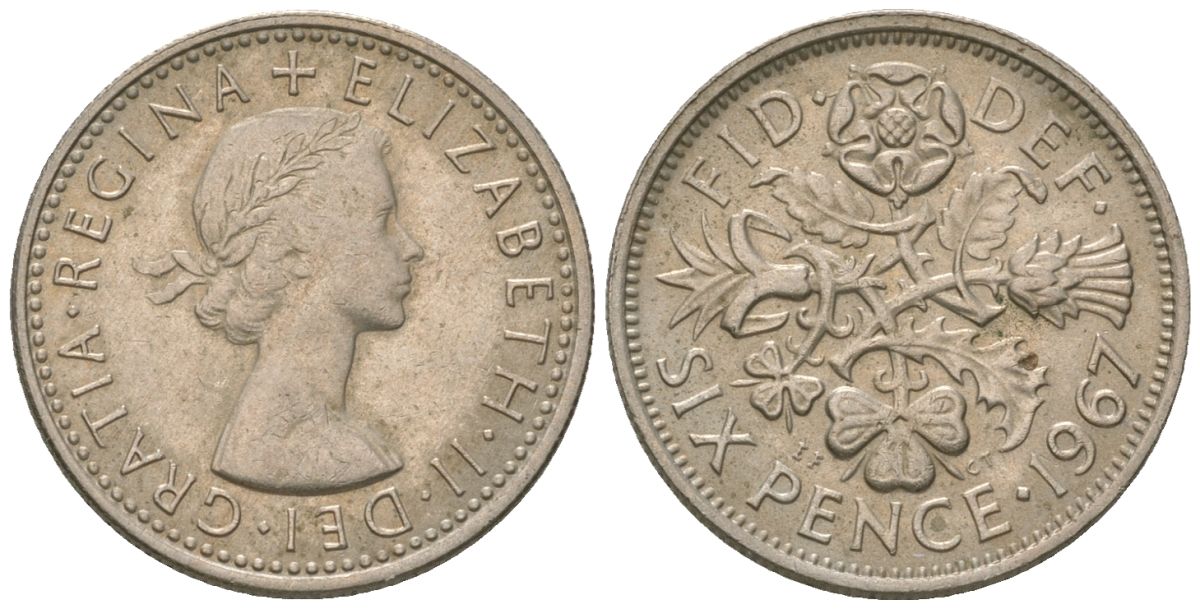 Великобритания 6 пенсов 1967 Елизавета II (1952-2022) KM 903, Spink 4149 медно-никель 4615-1028