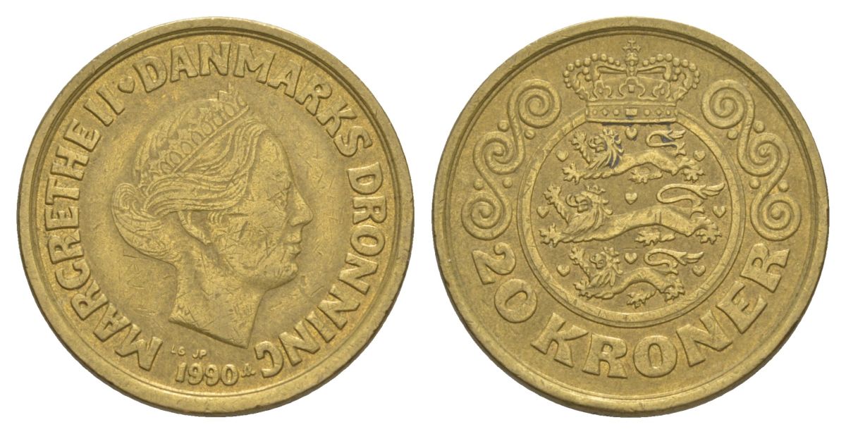 Дания 20 крон 1990 KM 871 алюминиевая бронза 4633-625