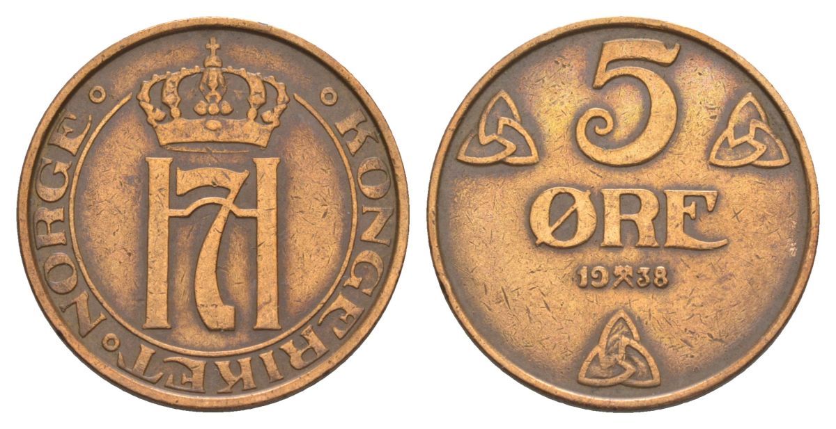 Норвегия 5 эре 1938 Хокон VII (1905-1957) KM 368 бронза 4635-531