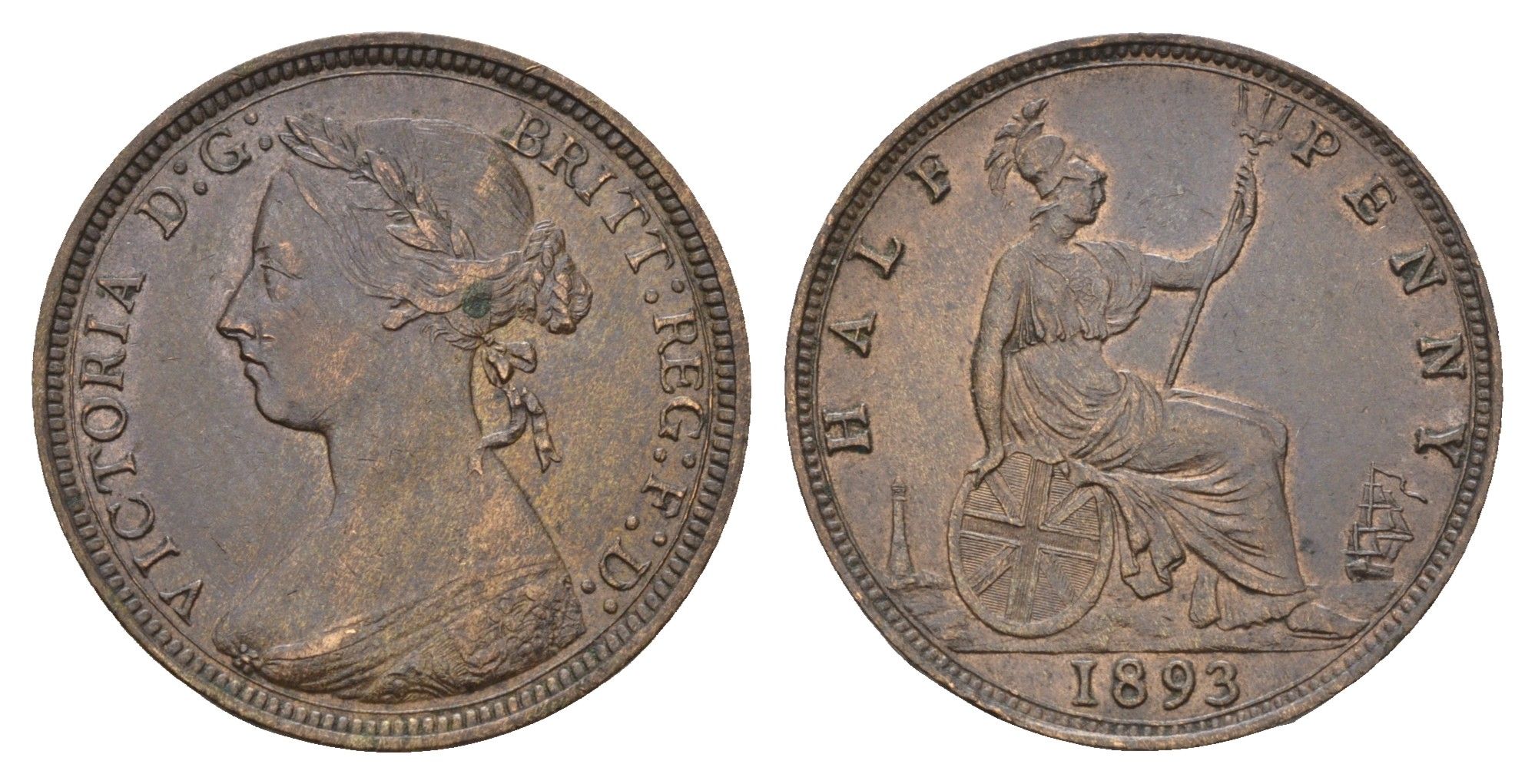 Великобритания 1/2 пенни 1893 Виктория (1837-1901) KM 754, Spink 3956 бронза 1519-133