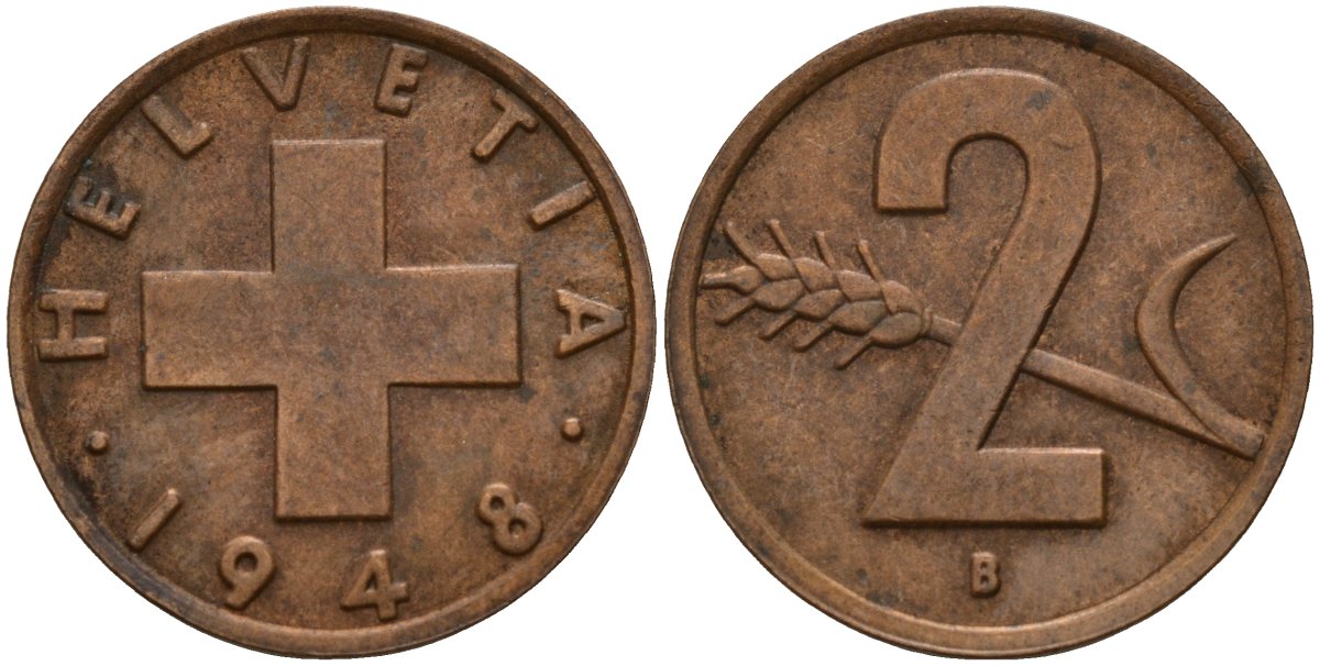 Швейцария 2 раппена 1948 B KM 47 бронза 4189-321