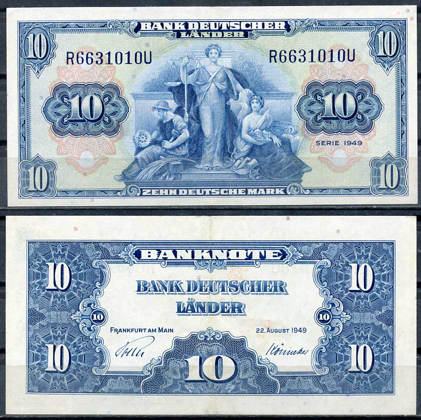 ФРГ 10 марок 1949 22 августа 1949 Pick 16a, Розенберг 258 бумага 451-683-3