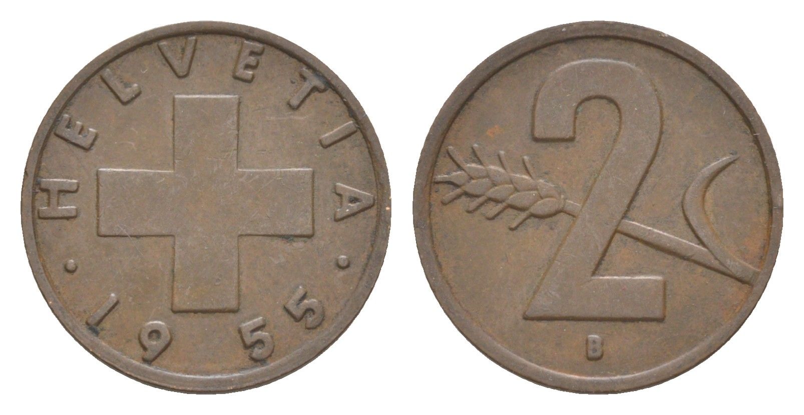 Швейцария 2 раппена 1955 B KM 47 бронза 4630-742