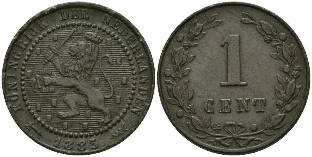 Нидерланды 1 цент 1883 Виллем III KM 107 бронза 4576-1036