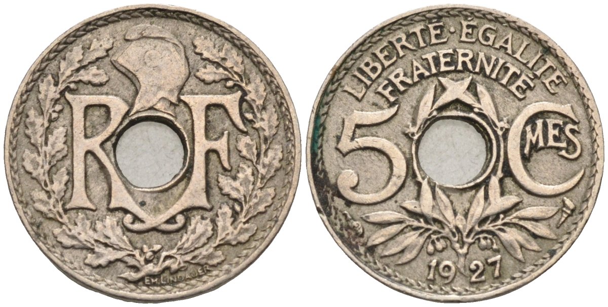 Франция 5 сантимов 1927 тип Lindauer, Petit Module, редкая KM 875, Le Franc 122.12 медно-никель 4580-1151