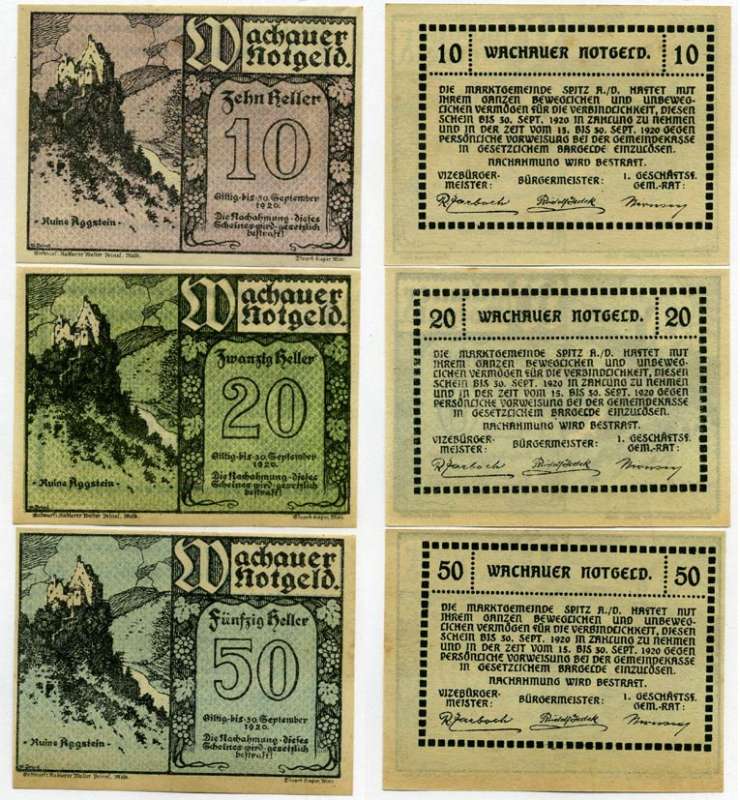 Австрия, Вахау набор из 3 банкнот 10, 20, 50 геллеров 1920 30 сентября 1920, нотгельд, земля Нижняя Австрия   бумага  UNC (пресс) 7555-28-4-2