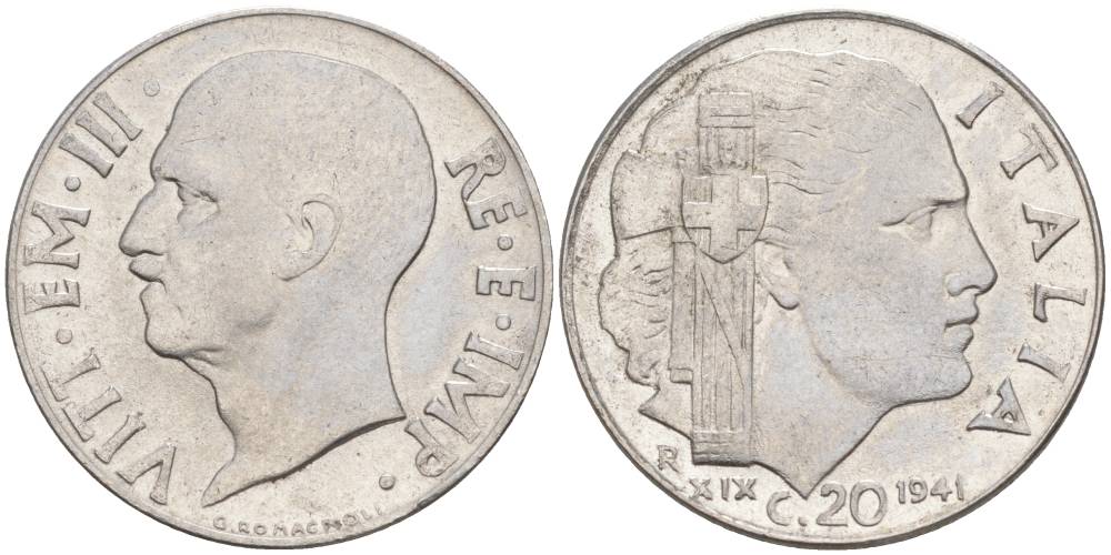 ИТАЛИЯ 20 ЧЕНТЕЗИМО 1941 R, ГОД XIX, ВИКТОР ЭММАНУИЛ III (1900-1946) KM 75b, VEM3. 1028 нержавеющая сталь 3853-837