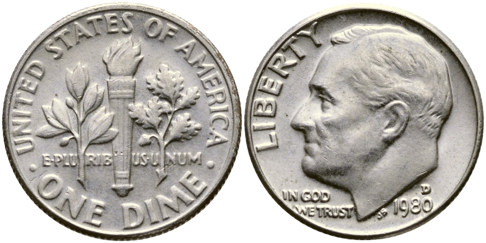 США 10 центов = дайм 1980 D, Рузвельт KM 195а медь плакированная медно-никелем 53-148