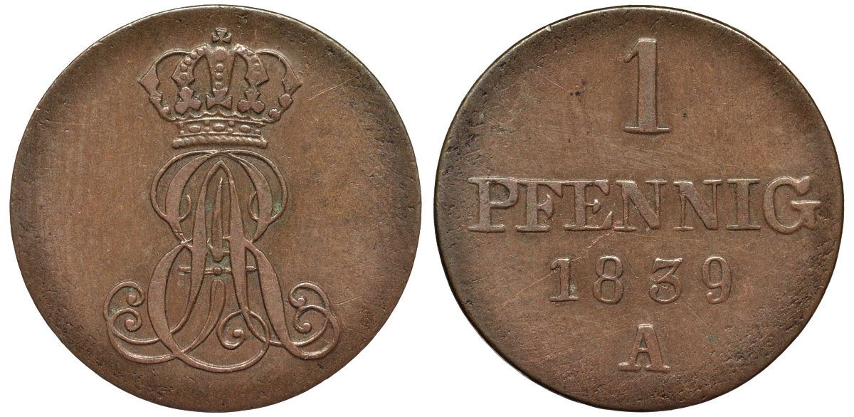 Ганновер 1 пфенниг 1839 A, Эрнст Август (1837-1851) KM 173.1, AKS 126, J. 54 медь 75-958