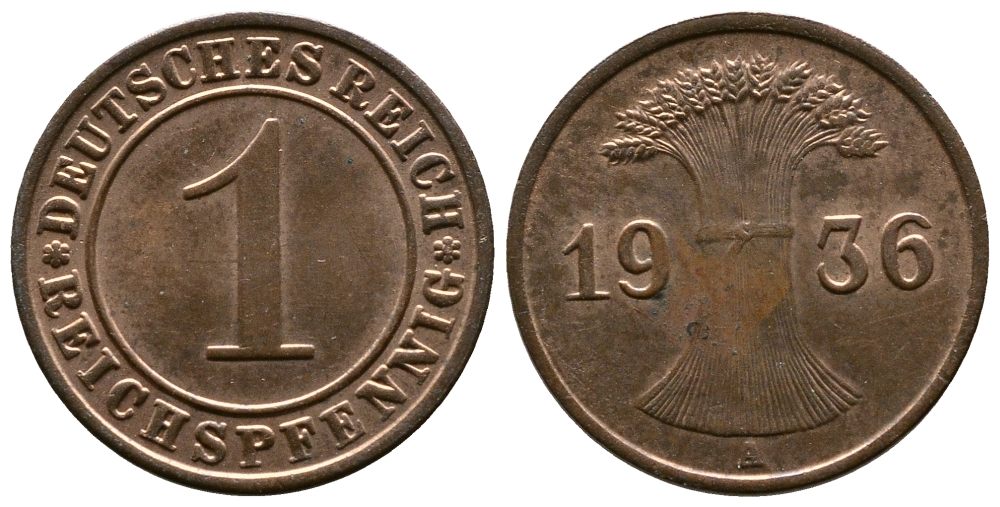 Германия 1 рейхспфенниг 1936 A KM 37, J. 313 бронза 220-136