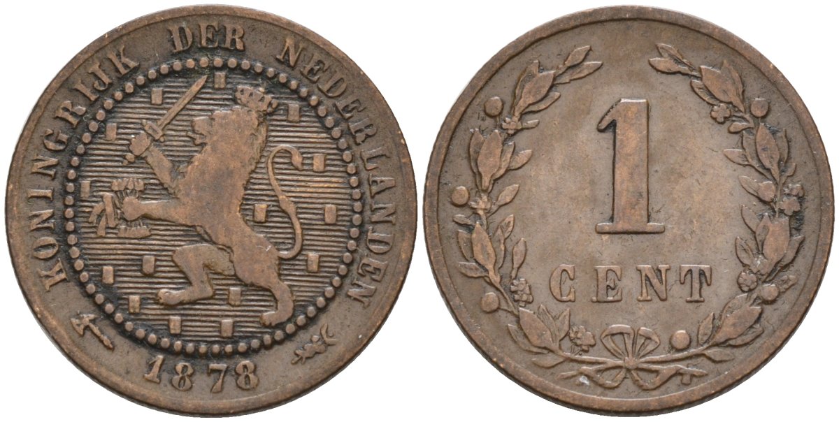 Нидерланды 1 цент 1878 Виллем III (1849-1890) KM 107 бронза 4576-539