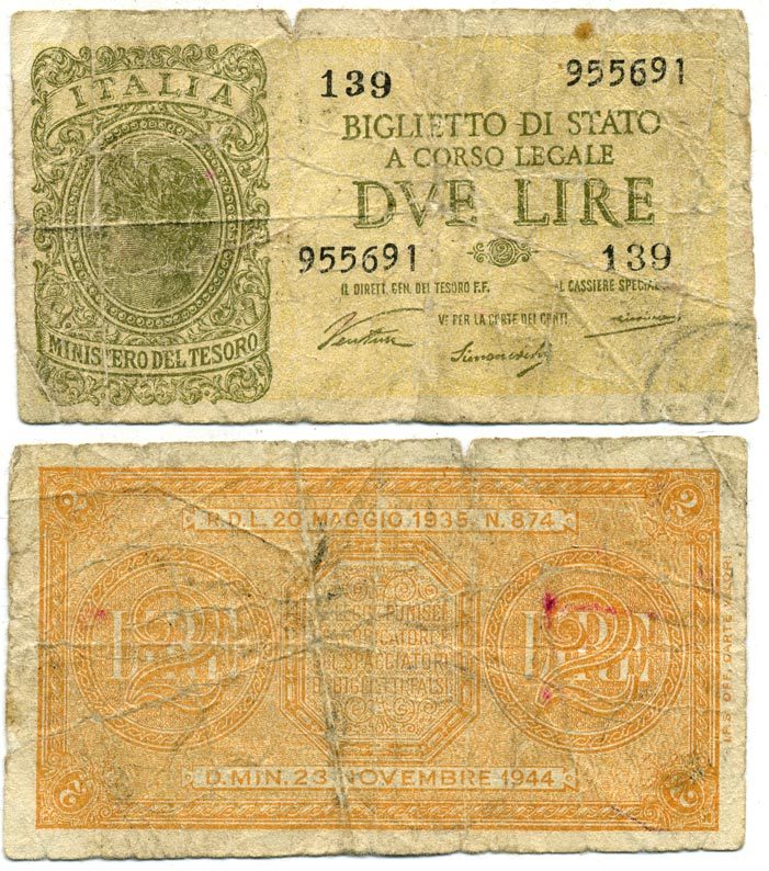 Италия 2 лиры 1944 Pick 30a бумага 7484-12-3-1