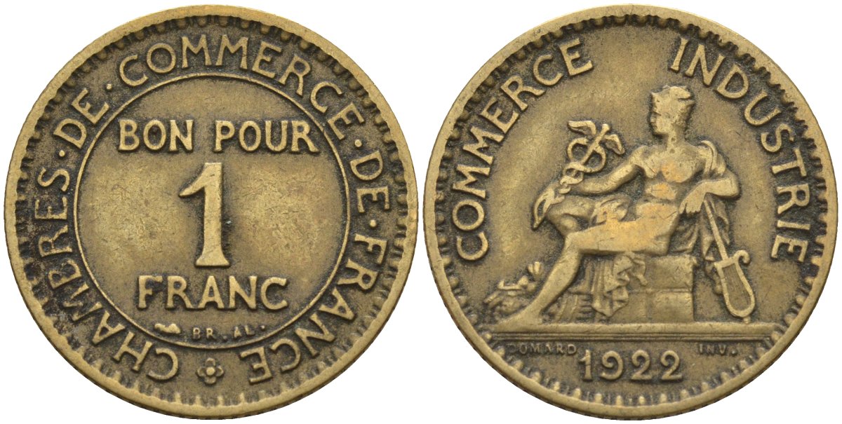 Франция 1 франк 1922 KM 876, Le Franc 218.5 алюминиевая бронза 4142-623