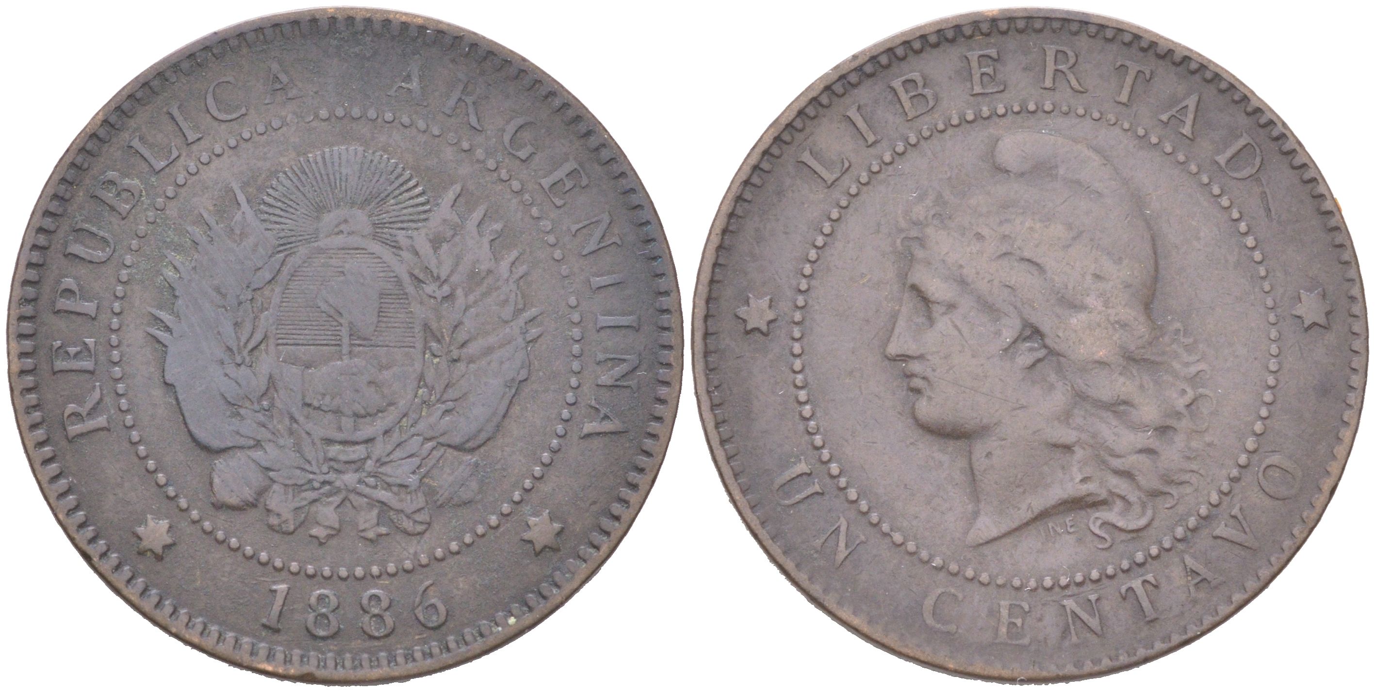 Аргентина 1 сентаво 1886 KM 32 бронза 4620-925