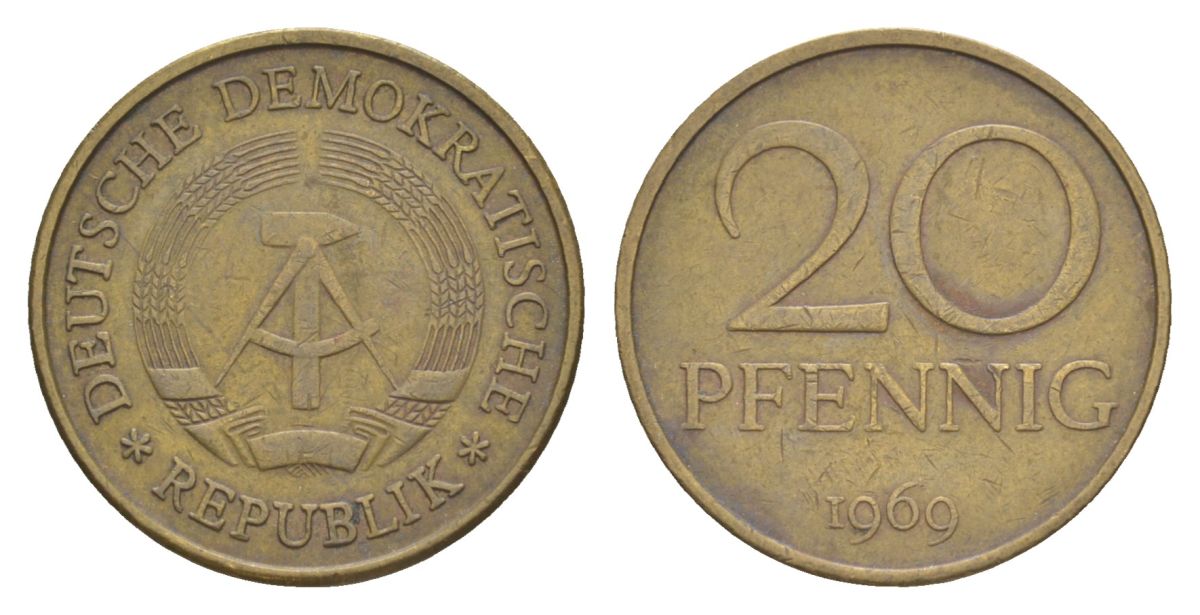 ГДР 20 пфеннигов 1969 А, первый год KM 11 латунь 4629-531