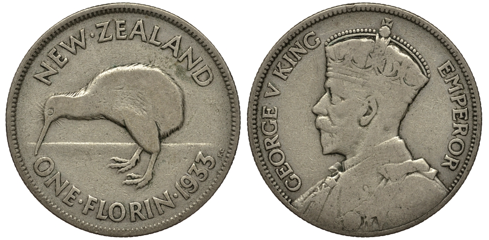Новая Зеландия 1 флорин 1933 Георг V (1910-1936), птичка киви KM 4 серебро 272-1123