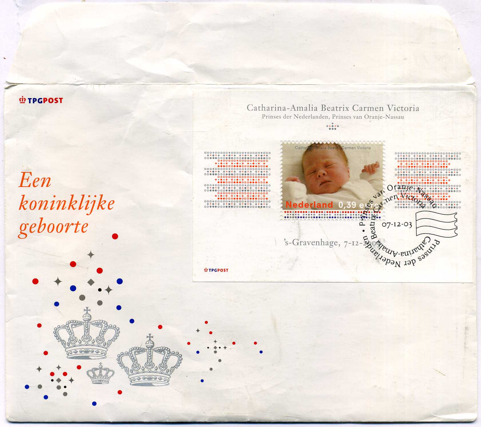 Нидерланды медаль 2003 на рождение принцессы Катарины Амалии, 7 декабря 2003 года, диаметр 33 мм., запайка, в конверте первого дня гашения, с маркой медно-никель UNC 3-4-3-02