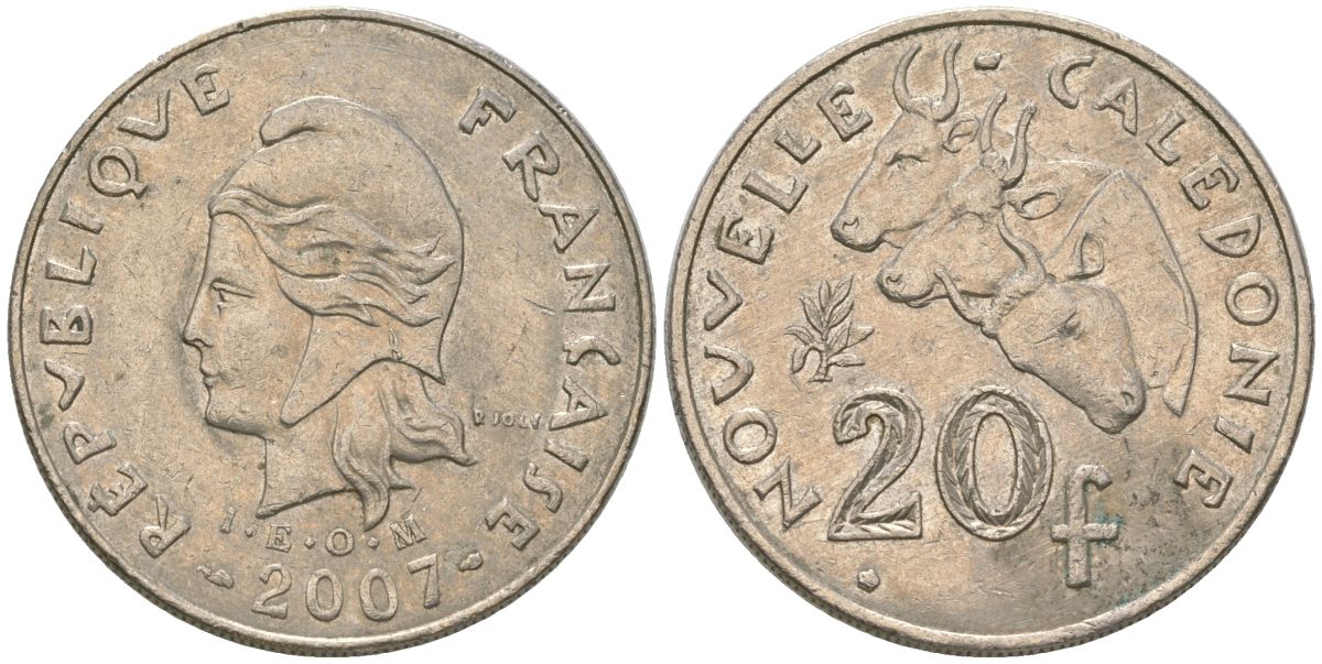 Французская Новая Каледония 20 франков 2007 три быка, (IEOM) KM 12a, Schoen 14a медно-никель 4131-822