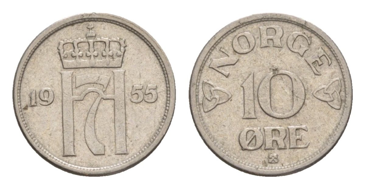 Норвегия 10 эре 1955 Хокон VII (1905-1957) KM 396 медно-никель 4632-1143