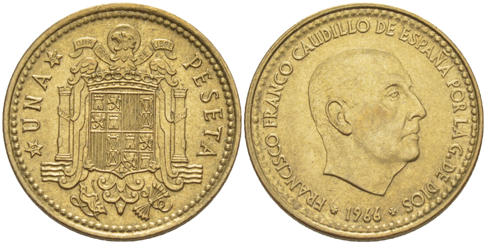 ИСПАНИЯ 1 ПЕСЕТА 1966 (69) ФРАНСИСКО ФРАНКО ДИКТАТОР ИСПАНИИ ( 1939- 1975) KM 796 алюминиевая бронза 216-616