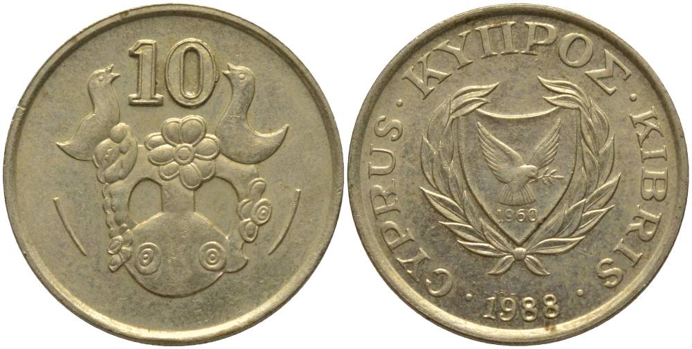 КИПР 10 ЦЕНТОВ 1988 ВАЗА С ПТИЧКАМИ KM 56.2 никель латунь 181-516