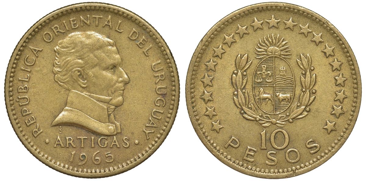 Уругвай 10 песо 1965 KM 48 алюминиевая бронза 4574-126