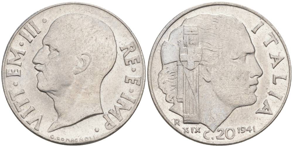 ИТАЛИЯ 20 ЧЕНТЕЗИМО 1941 R, ГОД XIX, ВИКТОР ЭММАНУИЛ III (1900-1946) KM 75b, VEM3. 1028 нержавеющая сталь 3853-732
