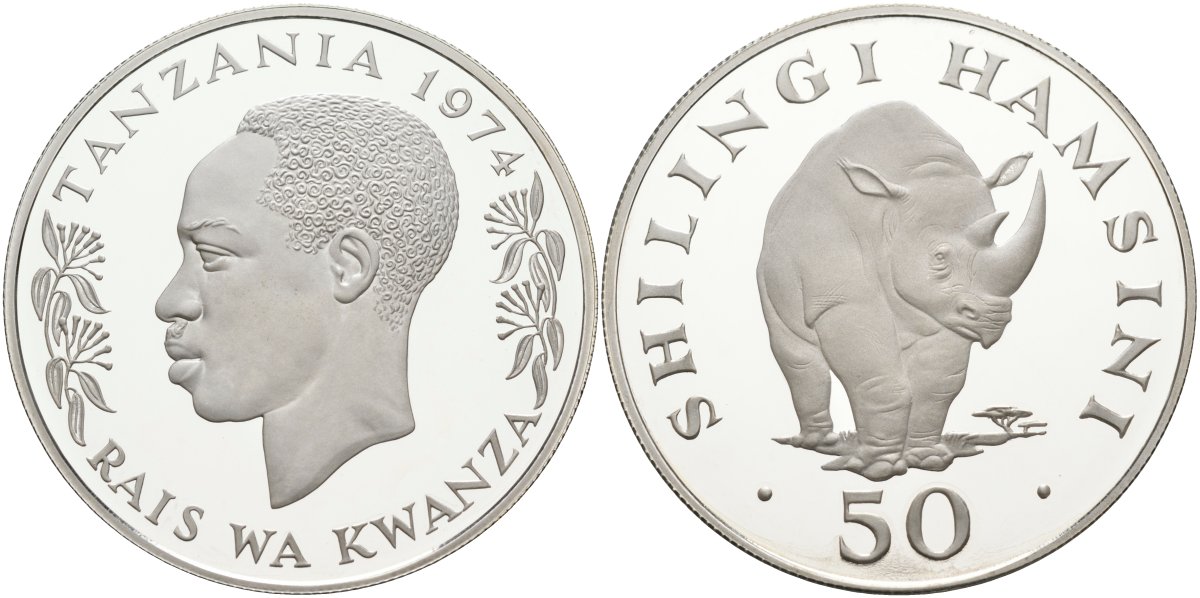 Танзания 50 шиллингов 1974 серия защита окружающей среды, носорог, тираж 12000 экз. KM 8а серебро PROOF 00-000-00