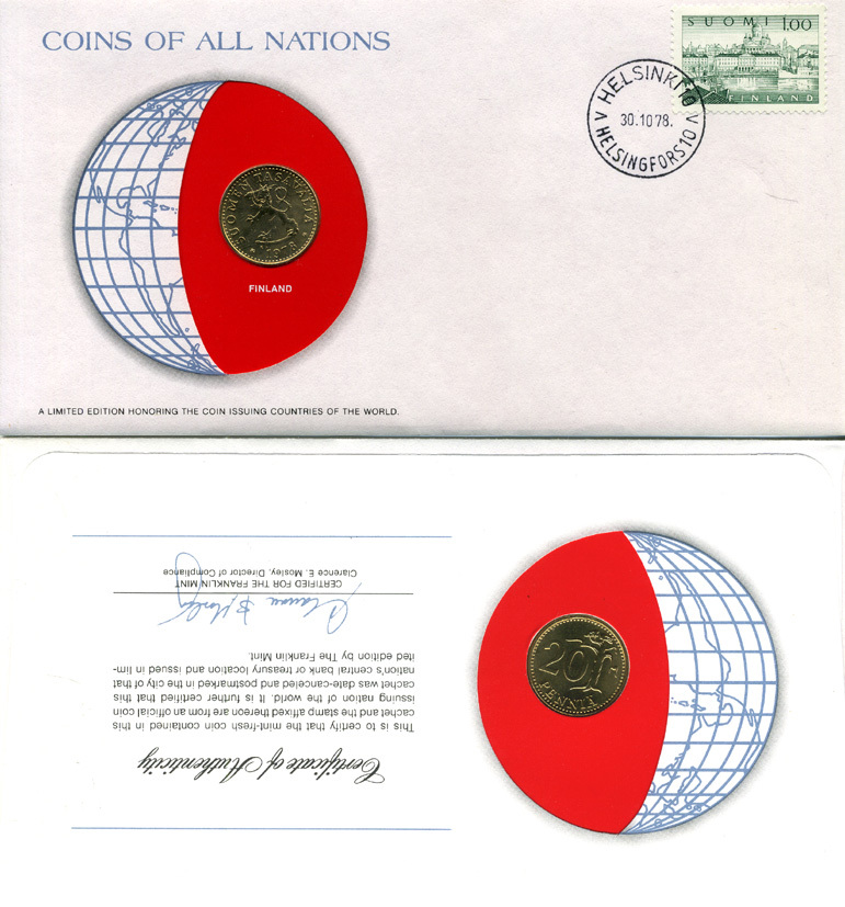 ФИНЛЯНДИЯ 20 ПЕННИ 1978 конверт с маркой первого дня гашения, Coins of Nations KM 47 алюминиевая бронза UNC 4294-23-3