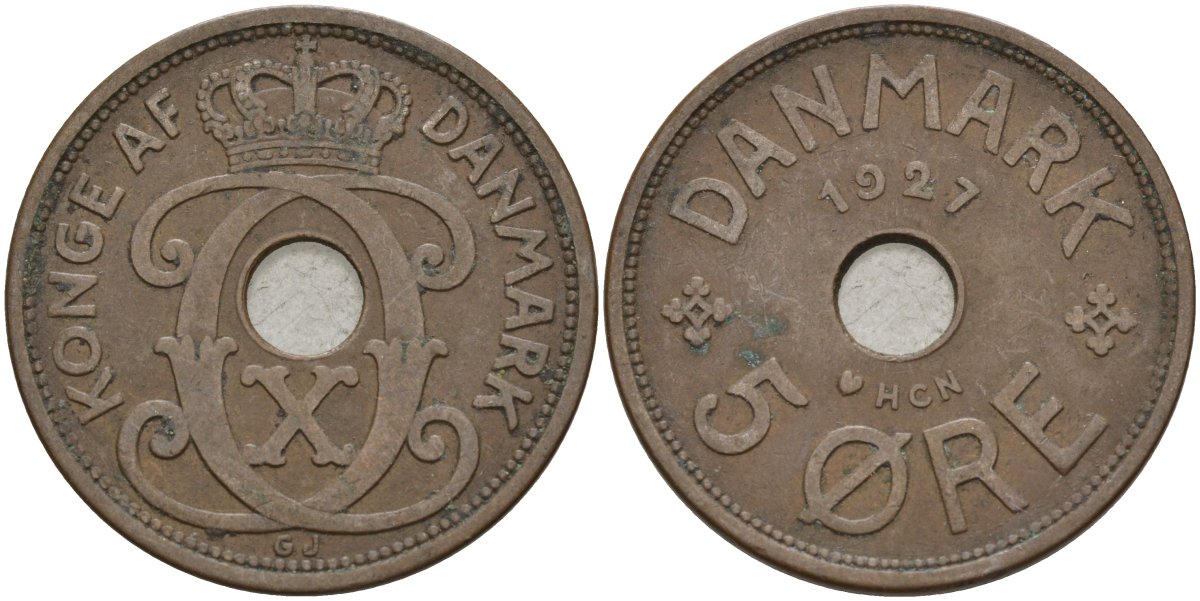 Дания 5 эре 1927 Кристиан X (1912-1947) KM 828 бронза 4148-212