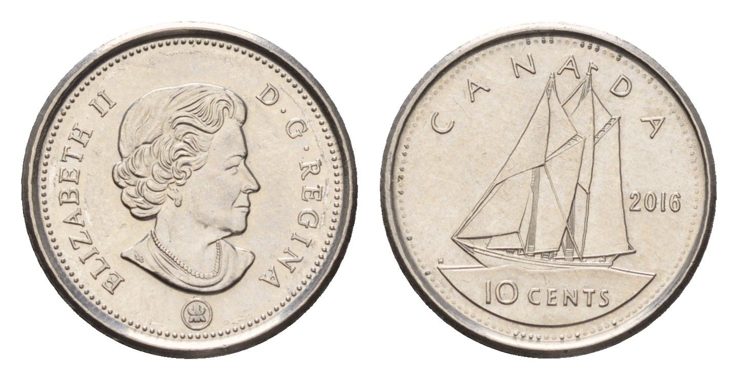 Канада 10 центов 2016 Leaf, Елизавета II (1952-2022), парусник KM 492 сталь плакированная никелем UNC 4689-632