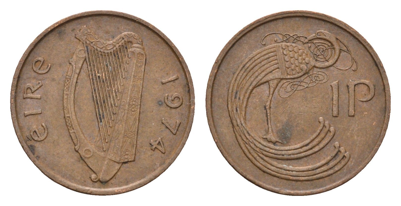 Ирландия 1 пенни 1974 мифологическая птица лира KM 20 бронза 4690-354