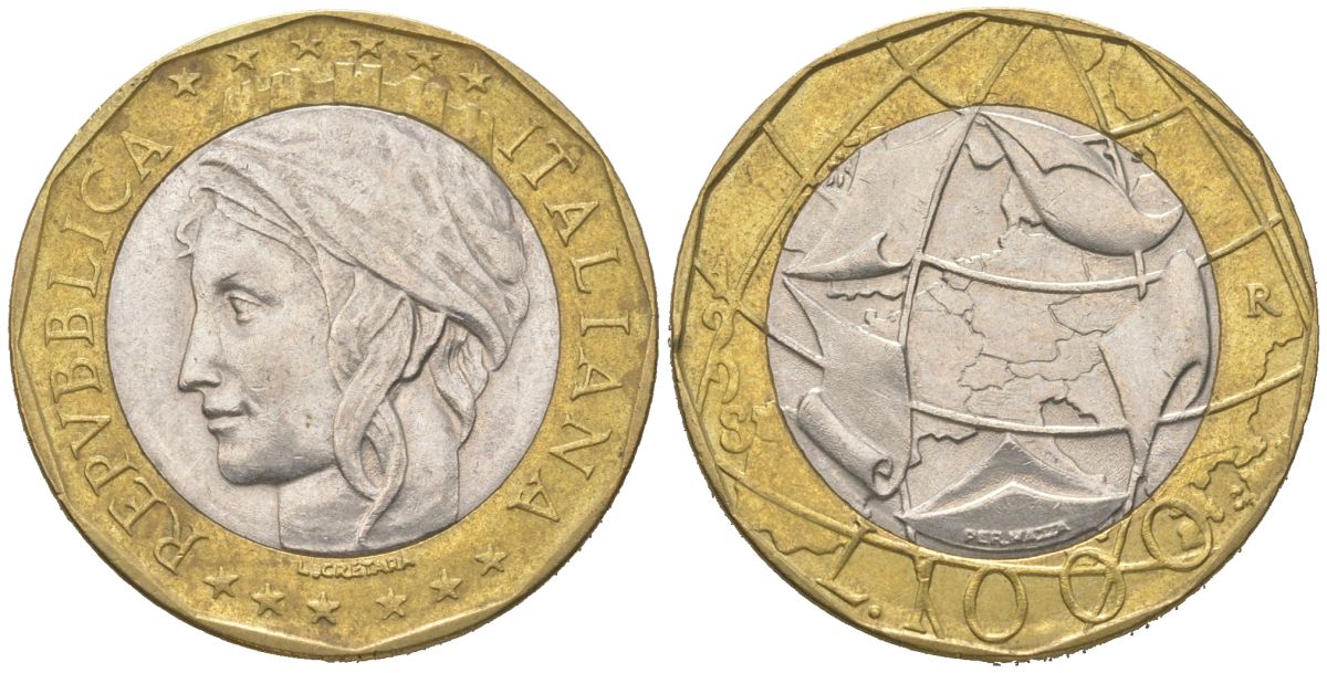 Италия 1000 лир 1998 R, карта европы KM 194 биметалл 4364-3527