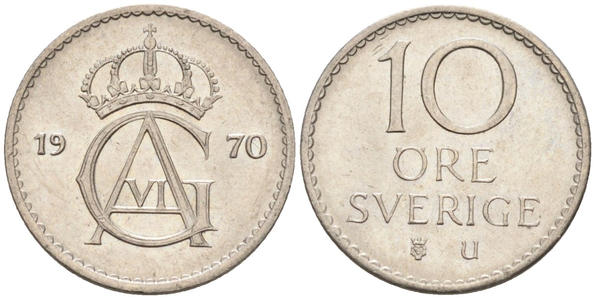 Швеция 10 эре 1970 Густав VI Адольф (1950-1973) KM 835 медно-никель UNC 4585-421