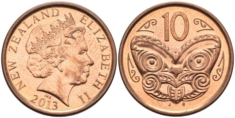 Новая Зеландия 10 центов 2013 маска Маори, Елизавета II (1952-) KM 117а сталь плакированная медью 93-327