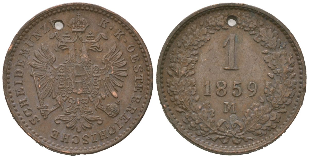Австрия 1 крейцер 1859 M, Франц Иосиф I (1848-1916), отверстие KM 2186 медь 4615-552