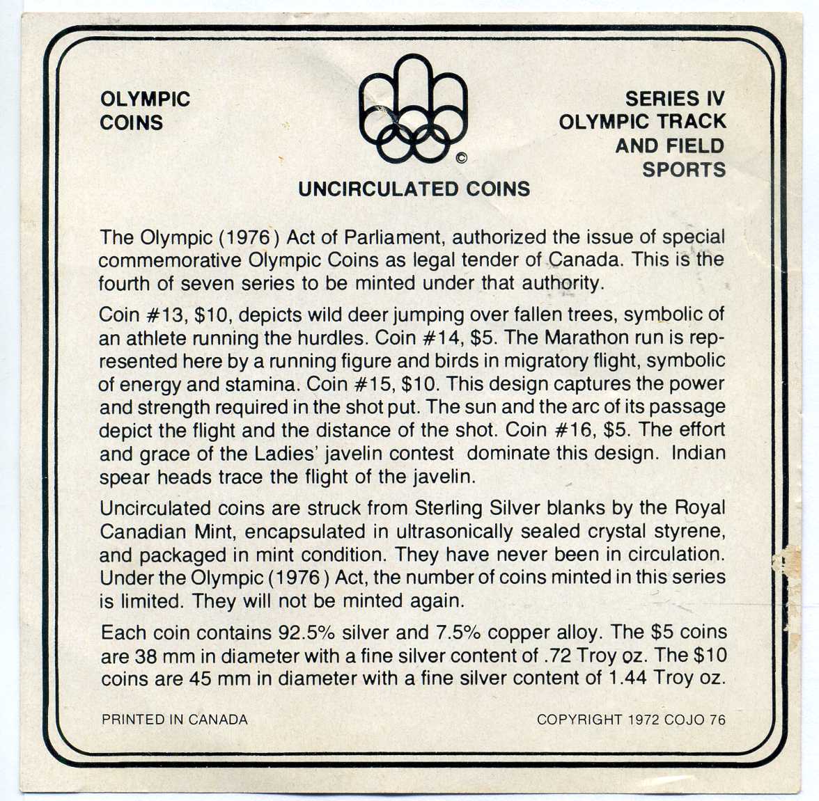 Канада набор из 4 монет 1975 XXI олимпийские игры в Монреале, 5, 5, 10, 10 долларов, в оригинальной коробке, с сертификатом KM 98, 99, 102, 103 серебро UNC 5-4-4-9