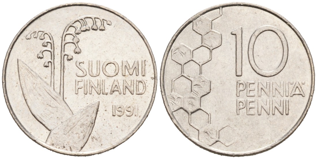 ФИНЛЯНДИЯ 10 ПЕННИ 1991 М, ЛАНДЫШ KM 65 медно-никель 192-1139
