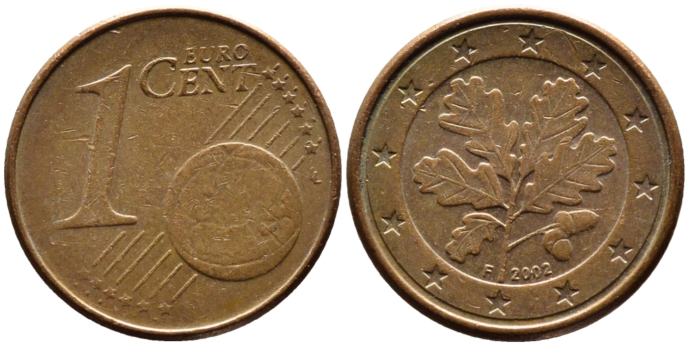 ГЕРМАНИЯ 1 ЕВРОЦЕНТ 2002 F KM 207 сталь плакированная медью 4387-1228