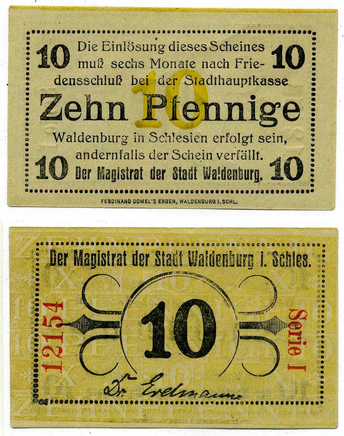 ВАЛЬДЕНБУРГ 10 ПФЕННИГОВ 1918 6 МЕСЯЦЕВ ПОСЛЕ МИРА, НОТГЕЛЬД, ЗЕМЛЯ СИЛЕЗИЯ, СЕРИЯ 1 Grabowski W3.3 бумага 2193-18-1-2