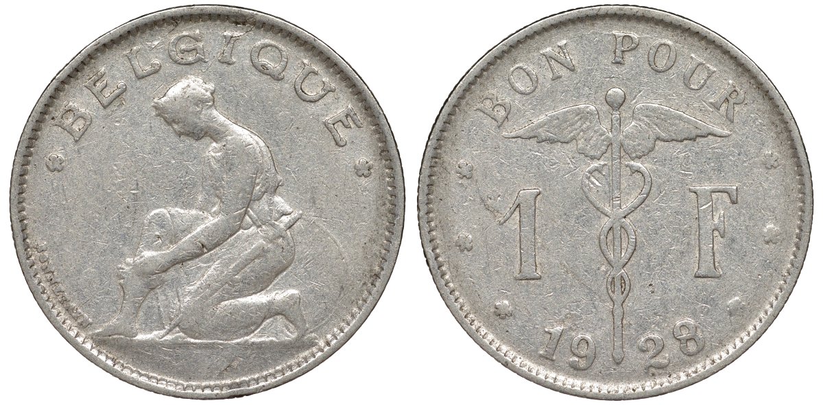 Бельгия 1 франк 1928 Belgique KM 89 никель 51-2024