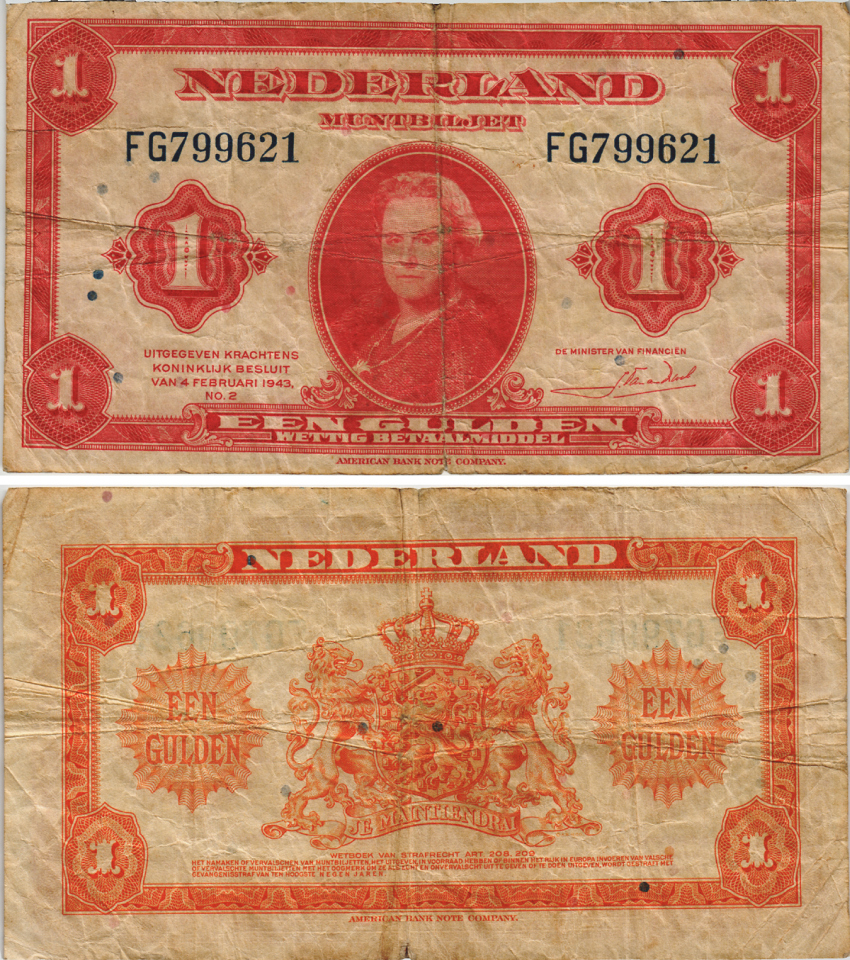Нидерланды 1 гульден 1943 7 февраля 1943, Вильгельмина Pick 64 бумага 8604-13-1-1