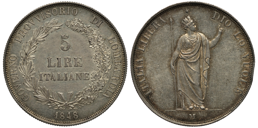 Ломбардия и Венеция 5 лир 1848 M, временное революционное правительство, звезда над короной KM 22.3, Dav. 206 серебро 00-817-05