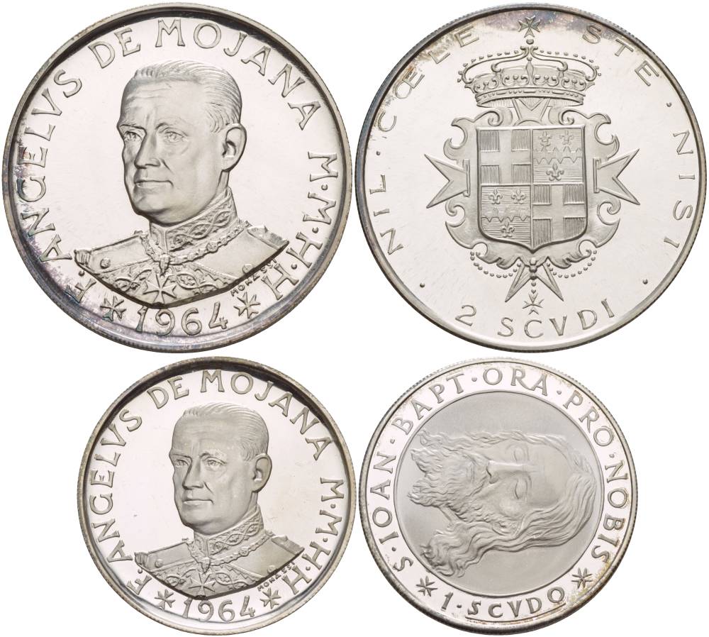 Мальтийский орден Святого Иоанна Иерусалимского набор из 2 монет (скуди и 2 скуди) 1964 магистр Моджана и Иоанн Креститель, в картонном буклете, проба 986, тираж 1000 экз. KM X9, X10 серебро PROOF 3-4-3-35