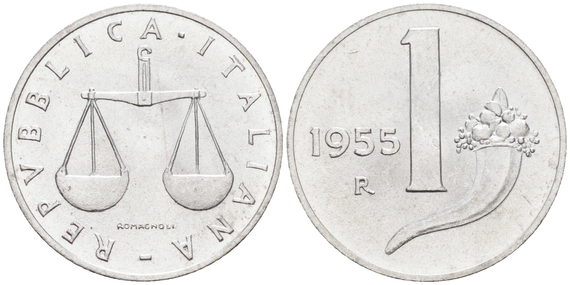 Италия 1 лира 1955 R, весы KM 91 алюминий  UNC  4594-151