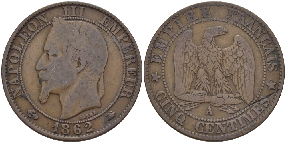 ФРАНЦИЯ 5 САНТИМОВ 1862 А, НАПОЛЕОН III (1852-1870) KM 797.1, LE FRANC 117.5 бронза 28-645