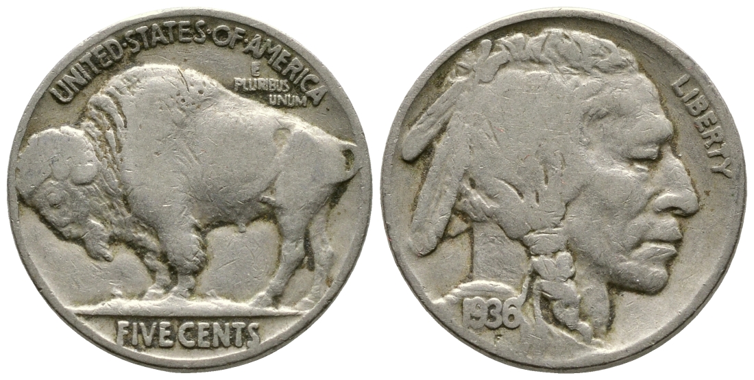 США 5 ЦЕНТОВ 1936 ИНДЕЕЦ, БИЗОН KM 134 медно-никель 25-635