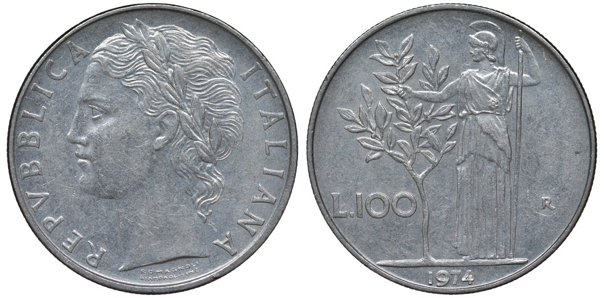 Италия 100 лир 1974 R, Афина в доспехах KM 96.1 нержавеющая сталь 4123-1233